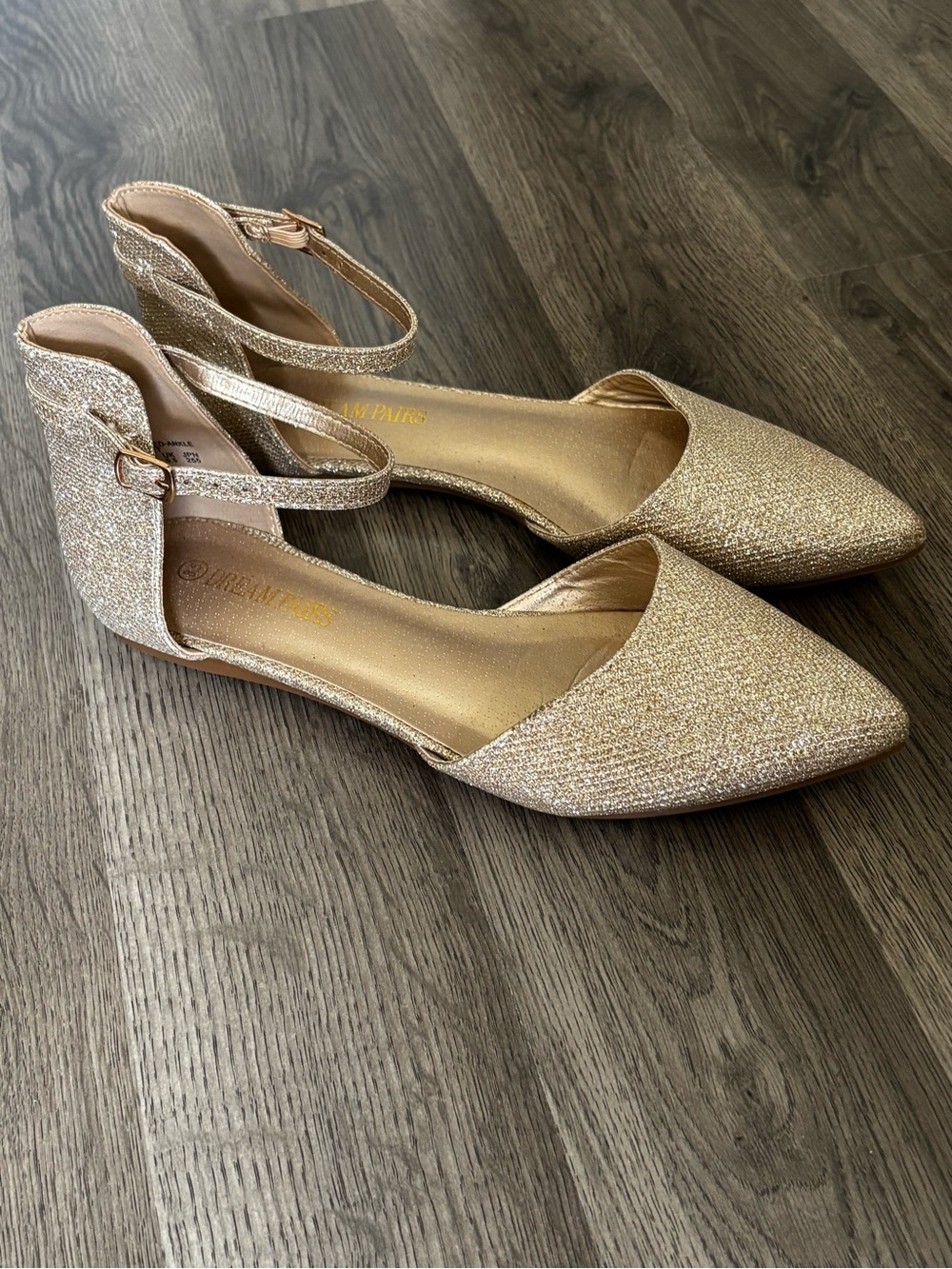 Dream Pairs Gold Glitter Pointed Toe Ankle Strap Flats - Picture 2 of 5